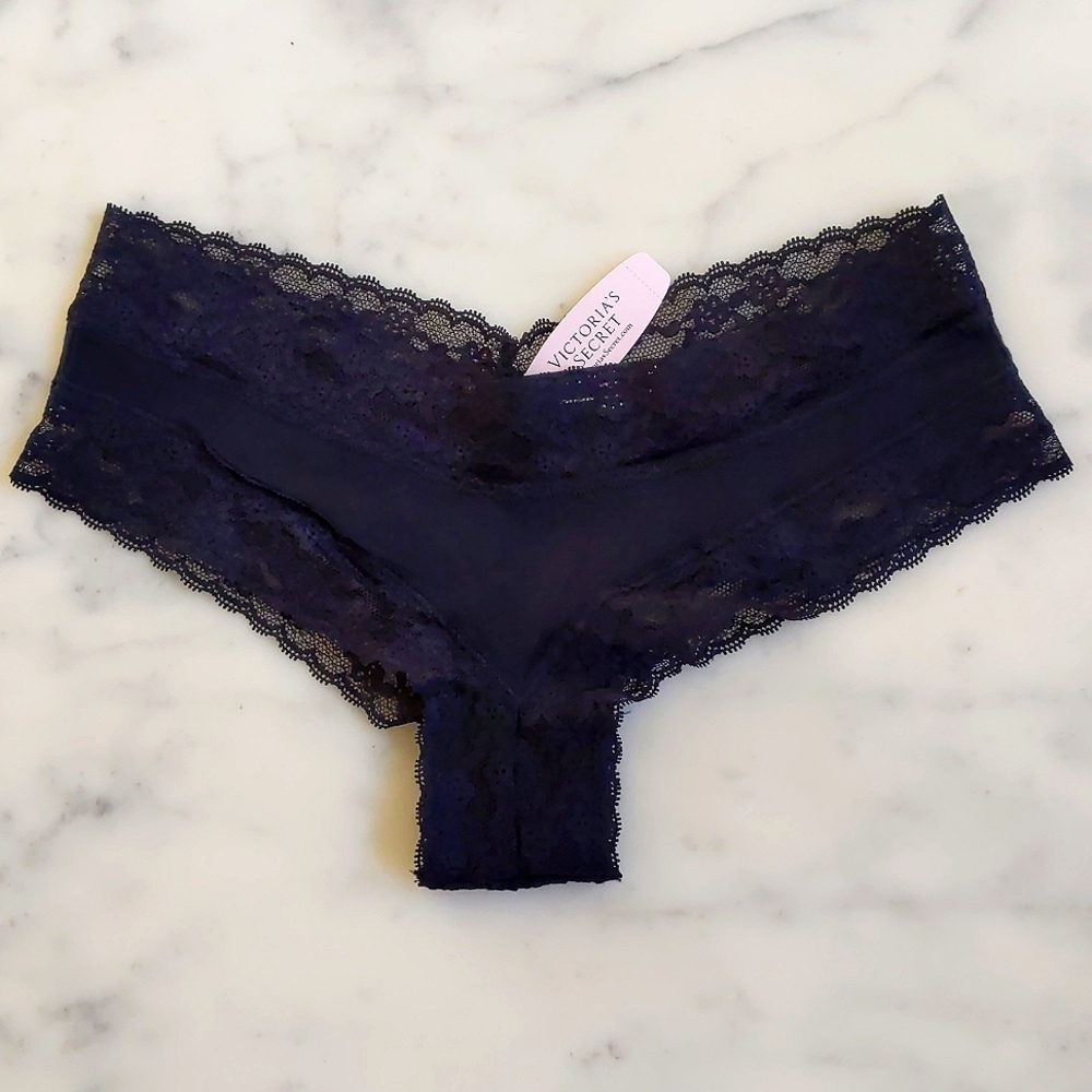 NWT. Victoria's Secret Black Cotton and Lace Cheeky Panty with Pink Logo.